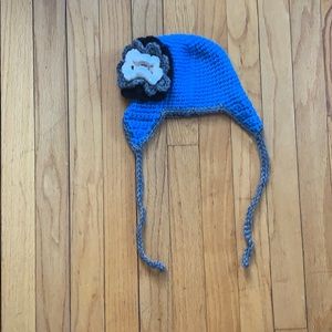 Girls Blue, Black, and Gray Knit Hat with Flower